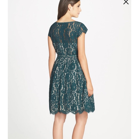ELIZA J Cap Sleeve Lace Fit & Flare Dress Green with Belt - Picture 2 of 9